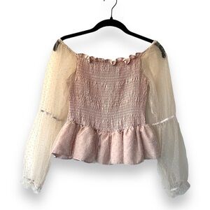 SHEIN Cream Swiss Dot Puff Sleeve Smocked Bodice Blouse